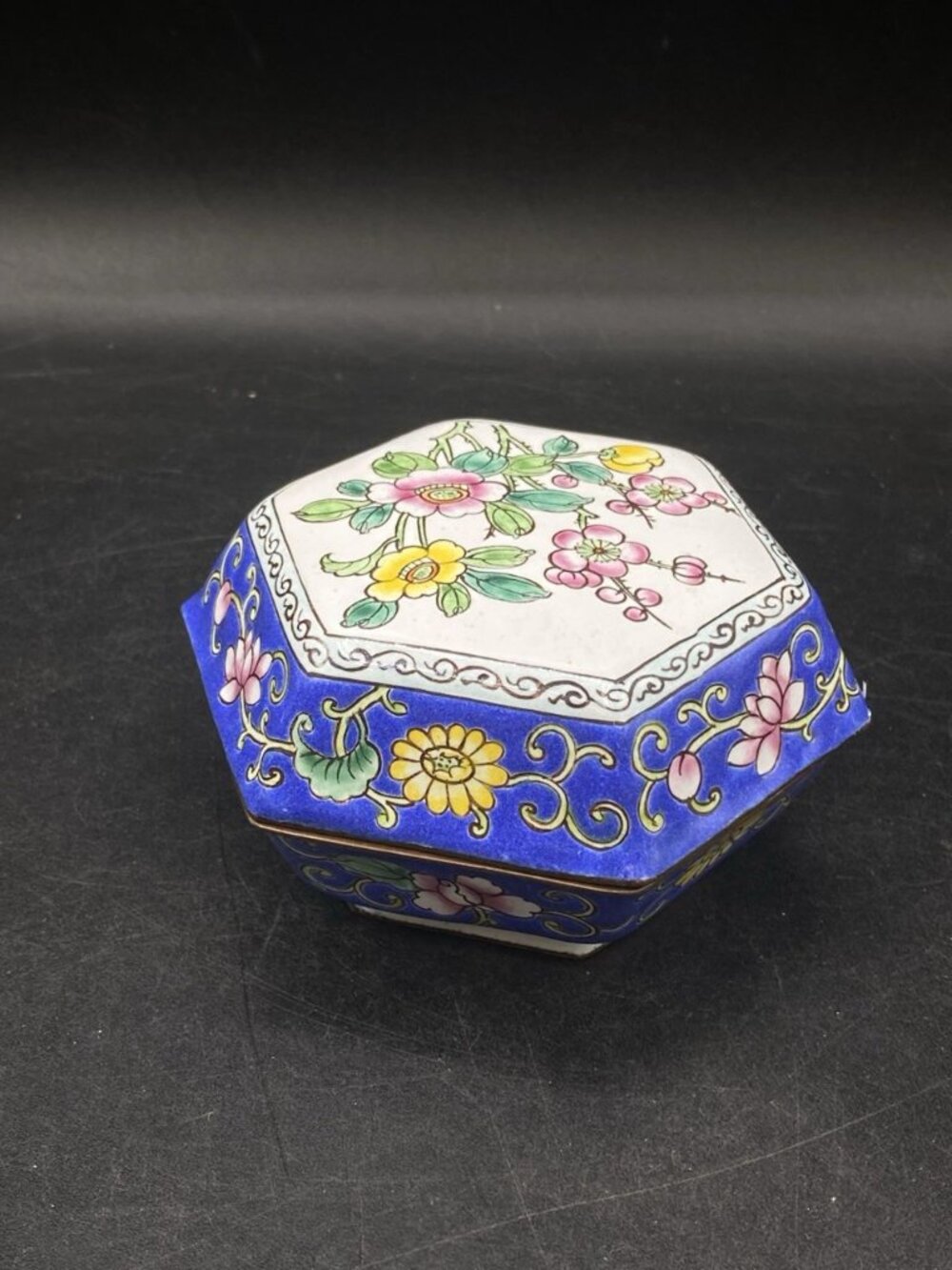 Hexagon Enamel Trinket Box Hand Painted Metal Book Designs Knobler 6 Sides READ - Picture 7 of 12